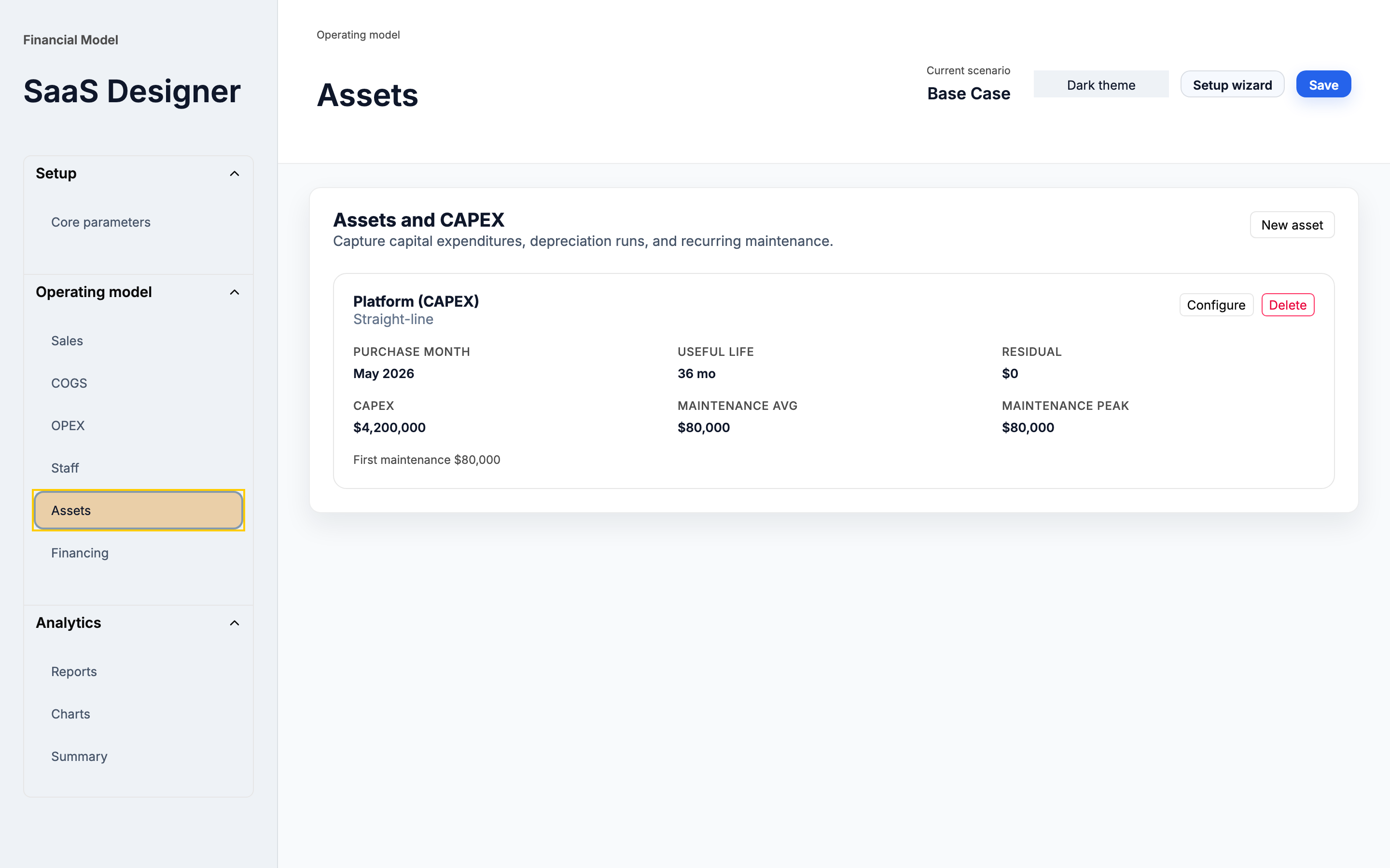 Assets and CAPEX module with depreciation schedules