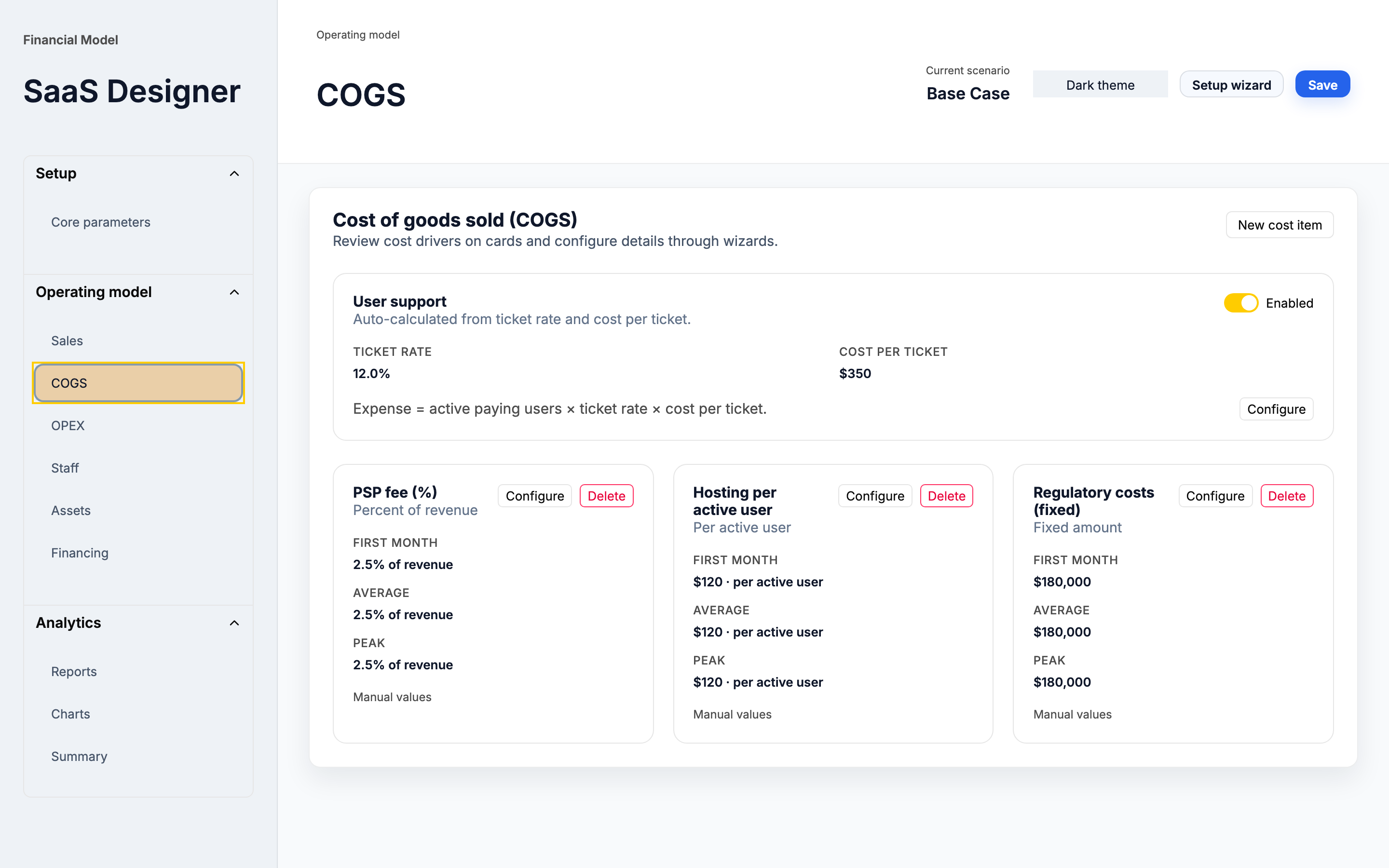 COGS module showing per-user and transaction costs