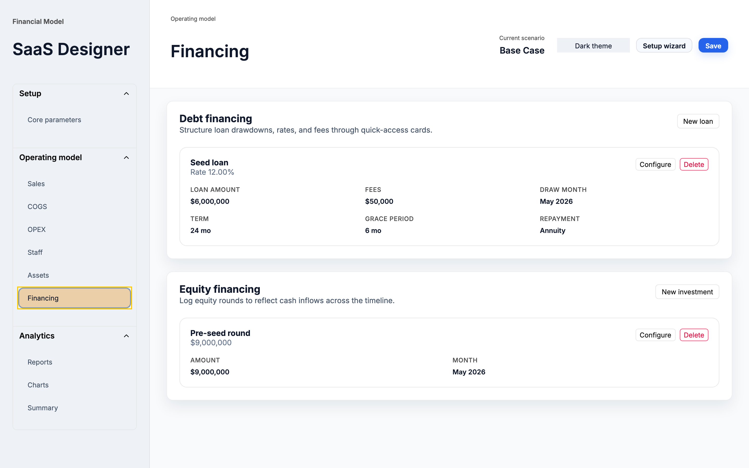 Financing module with debt and equity modeling