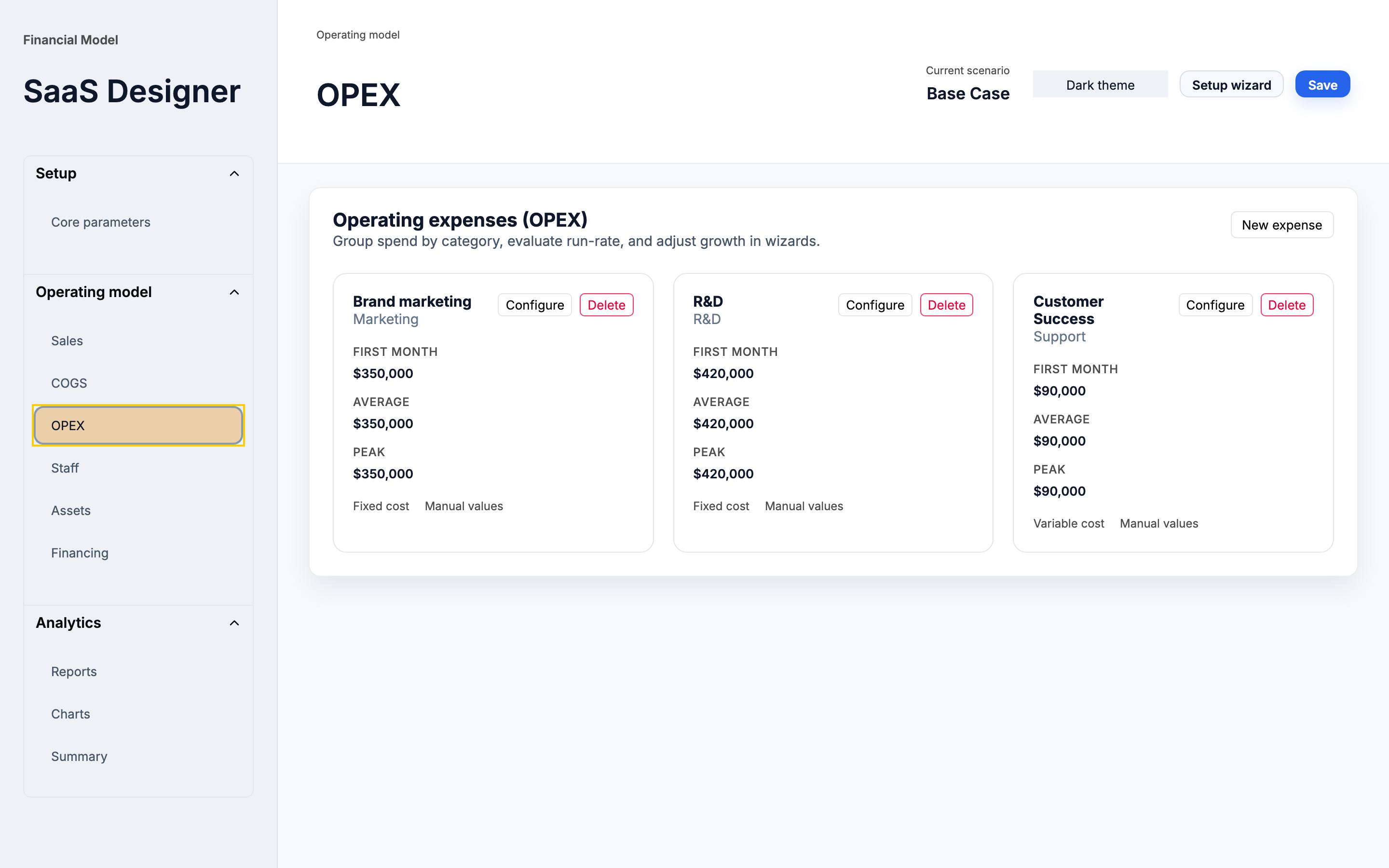 OPEX module with marketing, R&D, and CS expenses