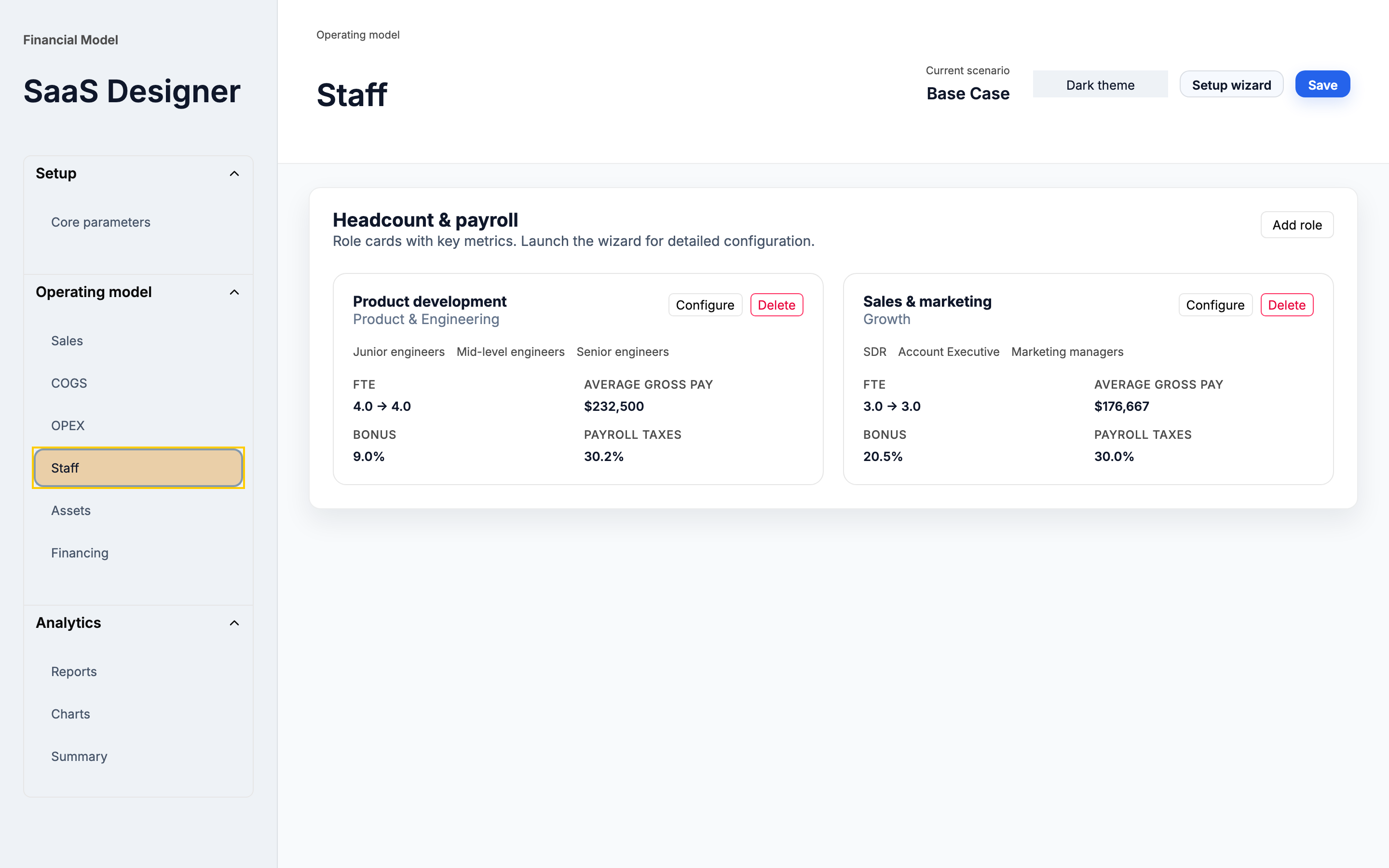 Staff planning module with headcount and compensation