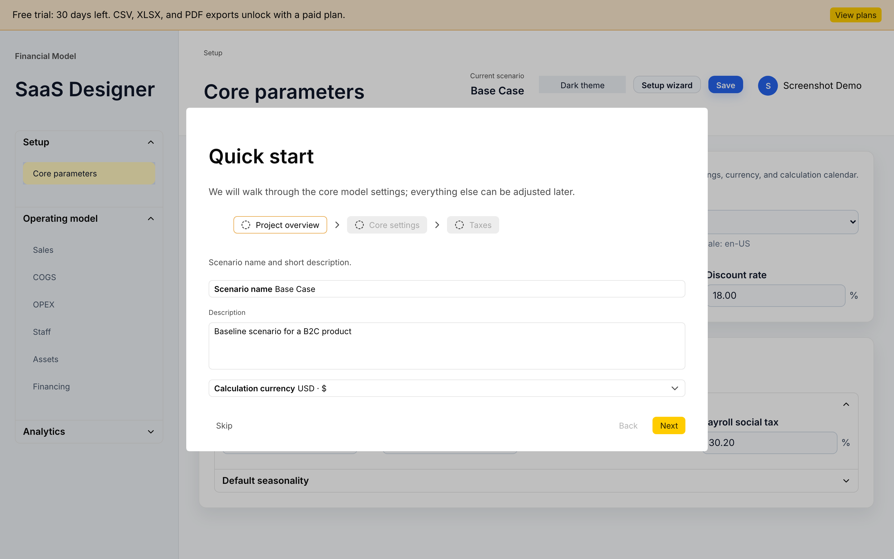 The Setup Wizard walking through the core model settings