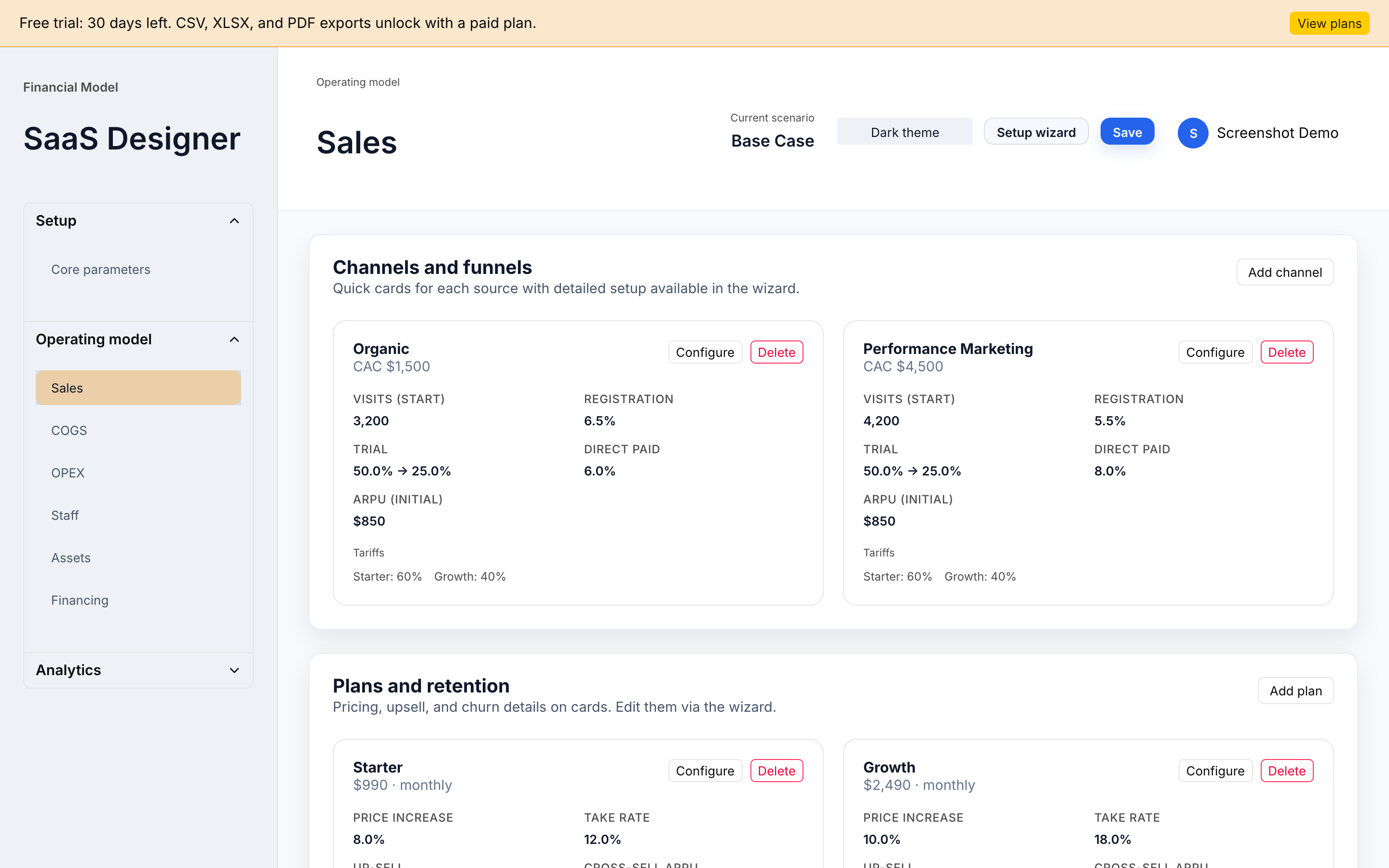 The Sales page of the operating model with channels and tariffs